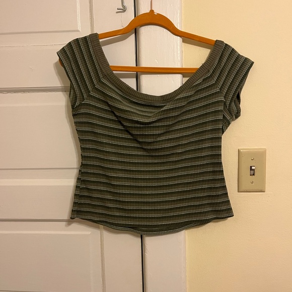 Green Stripes Ribbed Off-Shoulder Top - Picture 3 of 5